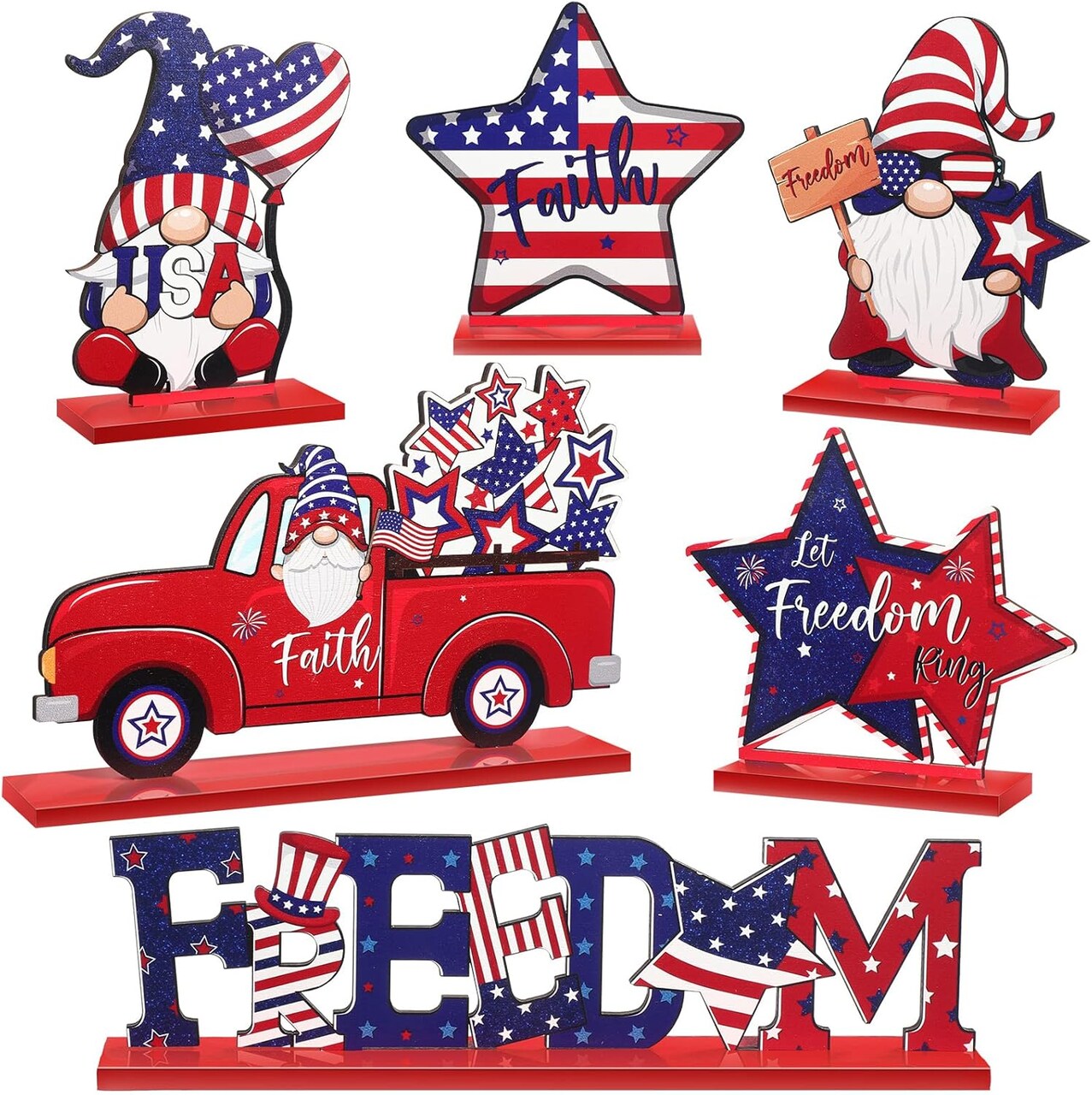 6-Piece Patriotic Table Decor, Wooden Gnome, Freedom Truck & 4th of July Signs with Base